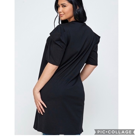 Black Long T-Shirt w/Puffy Like Shoulders - Picture 2 of 5